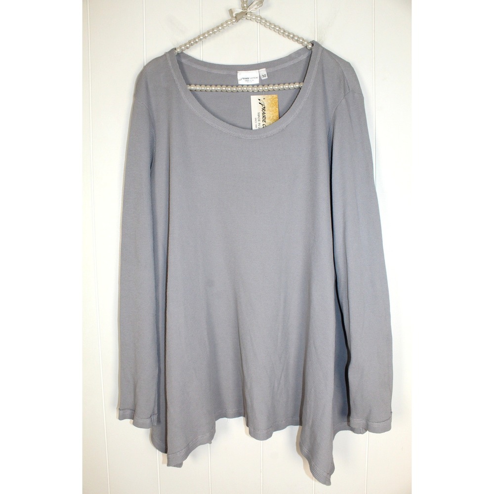 Prairie Cotton Gray Scoop Neck Asymmetrical Hem Long Sleeve Waffle Knit Top SZ M